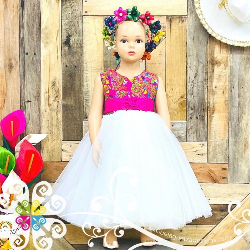 Pink and White Tulle Dress with Floral Embroidered Bodice